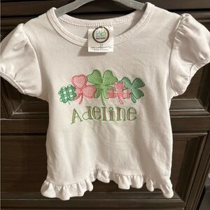 Adeline Kids White Shirt with Green and Pink Clover Design